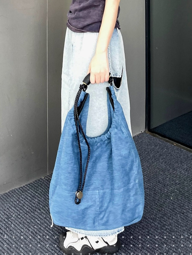 Denim Capacity Tote Shoulder Bag With Adjustable Braided Strap Blue Large