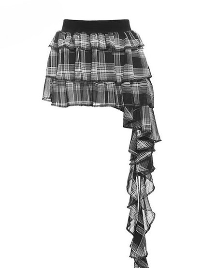 ブラックホワイト ビタースイートパターン チェック柄 裾 アシンメトリー ティアード