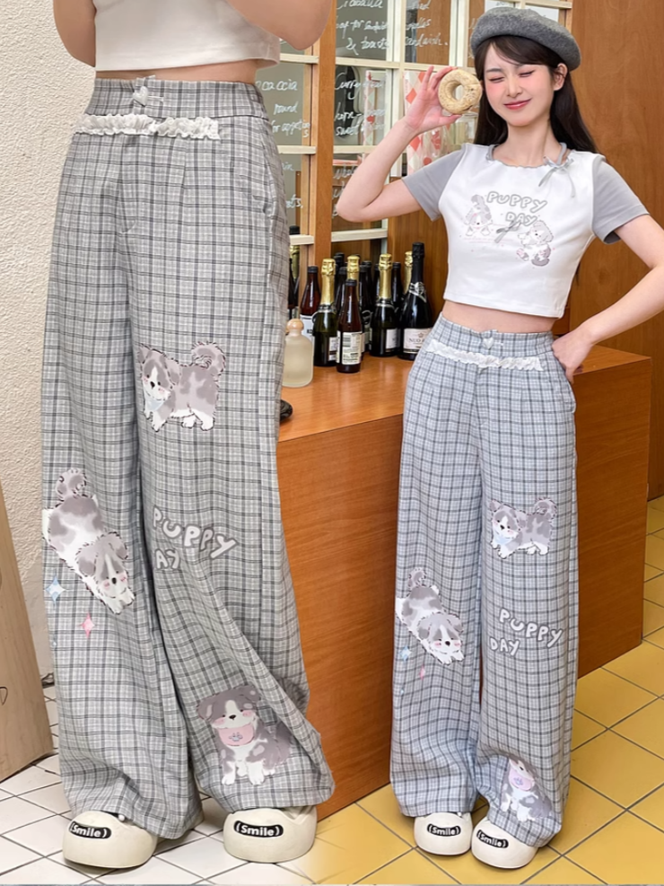 Normale/kurze Spitze, grau kariert, Welpen-Print, Herz-Knopf-Version, weites Bein, Hosenbesatz