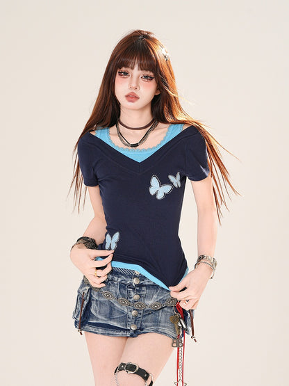 ブルー/レッドのバタフライアップリケフェイクツーピースTシャツ