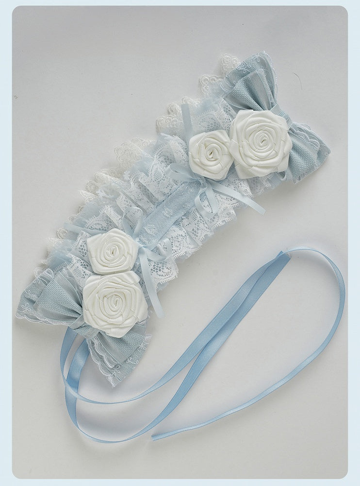 Lolita Blue Floral and Bow Ruffled Lace Trim Hairband