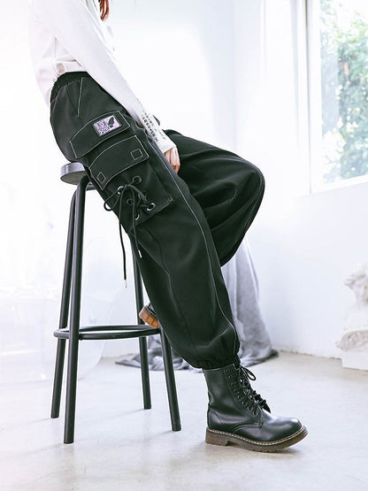 Black with Cargo Gothic Cheongsam Pants Cross-Tie Embroidery Butterfly Pockets