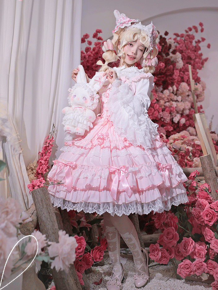 Rockärmel Pullover Old School Lolita Baumwolle Flatterrosa Kleid Schnürung Taille Spitzenbesatz