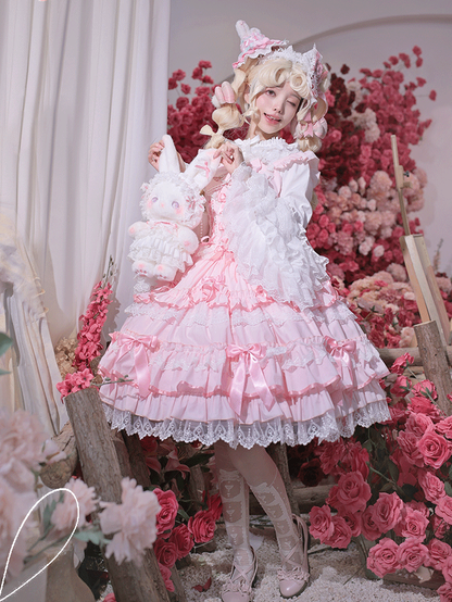 Rockärmel Pullover Old School Lolita Baumwolle Flatterrosa Kleid Schnürung Taille Spitzenbesatz