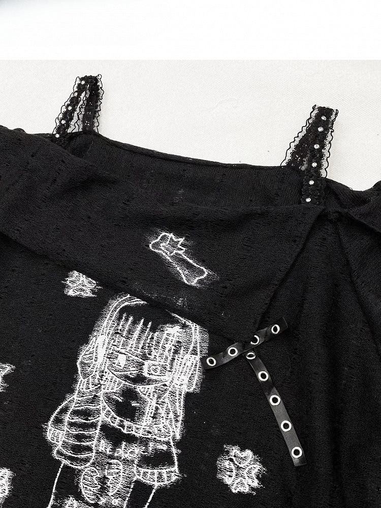 Girl Studs T-shirt Off-the-shoulder Black Details Print Cartoon Neckline