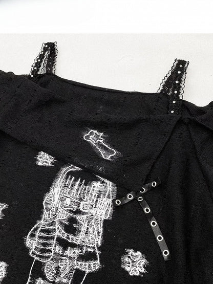 Girl Studs T-shirt Off-the-shoulder Black Details Print Cartoon Neckline