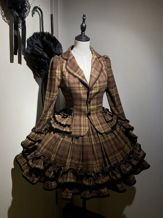 School Brown Blazer Old Notched Skirt Ruffled Plaid + - Lapel Lolita Set