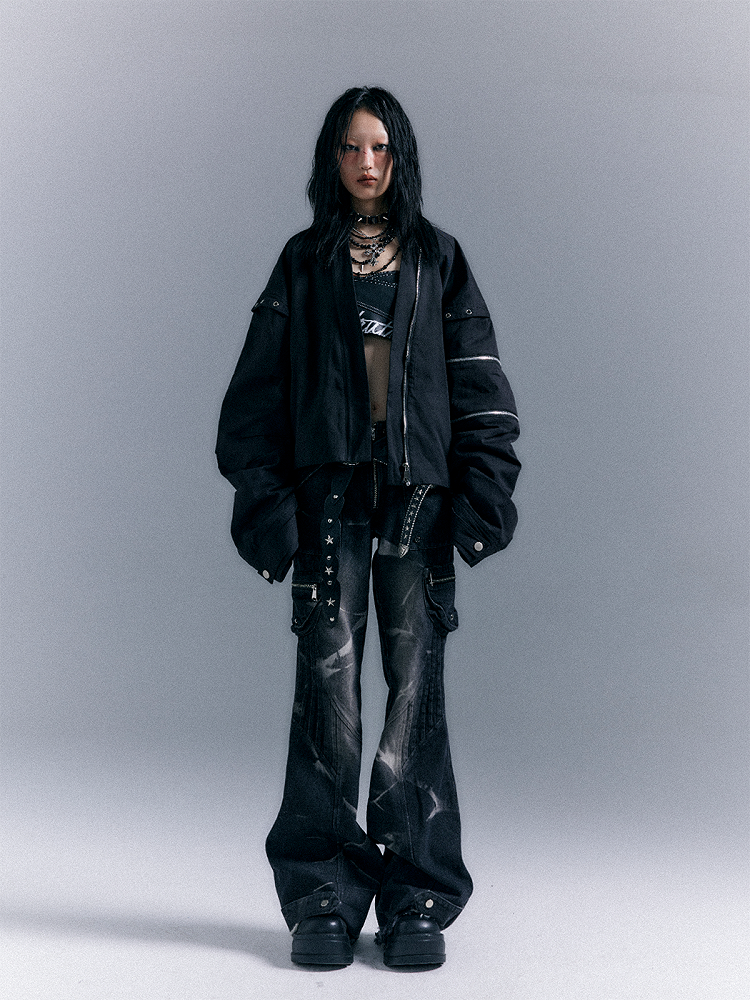 Gewaschene Reißverschluss Flare Schwarz-Grau Nieten Jeans Taschen Punk