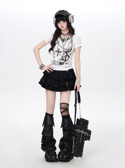 White Halter Short Sleeve Knit Top with Dark Print - CRAZY GIRL