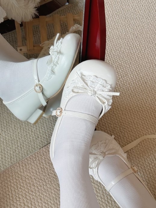 Toe White Heels Knotted Trim Accent Bow Round 2.2CM Lace Janes Mary