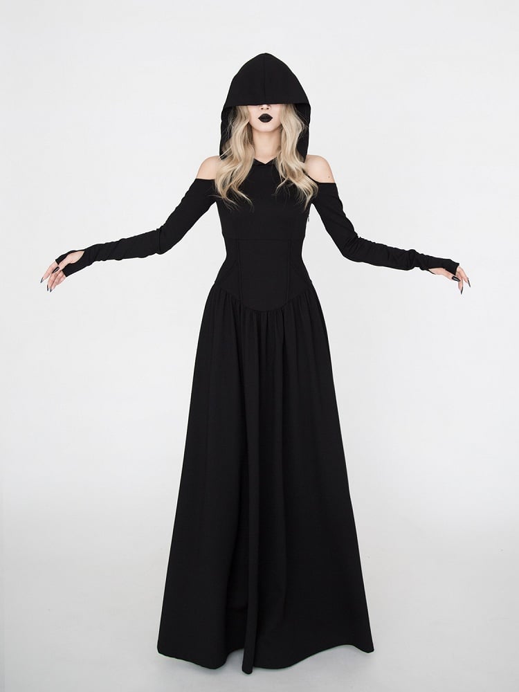 Kapuzen-Hexen-Punk-Kleid im Wasteland-Look für schwarzen Halloween-Gothic-Schulterausschnitt