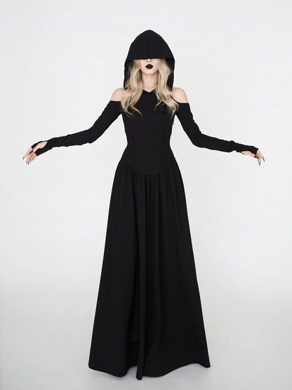Hooded Witchy Punk Dress a Look Wasteland for Black Halloween Gothic Shoulder Cutout