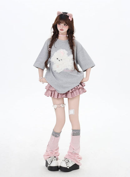 Black/Light Blue/Light Gray Plush Puppy Applique Loose T-Shirt