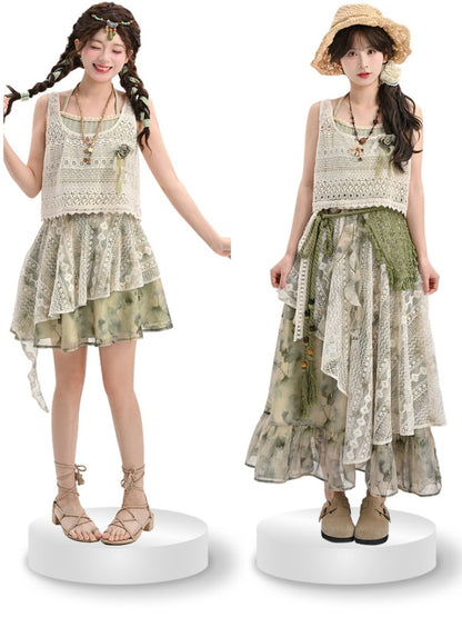 Dye Lace Patchwork Design Long/Short Tie Skirt Version Kei Green Mori