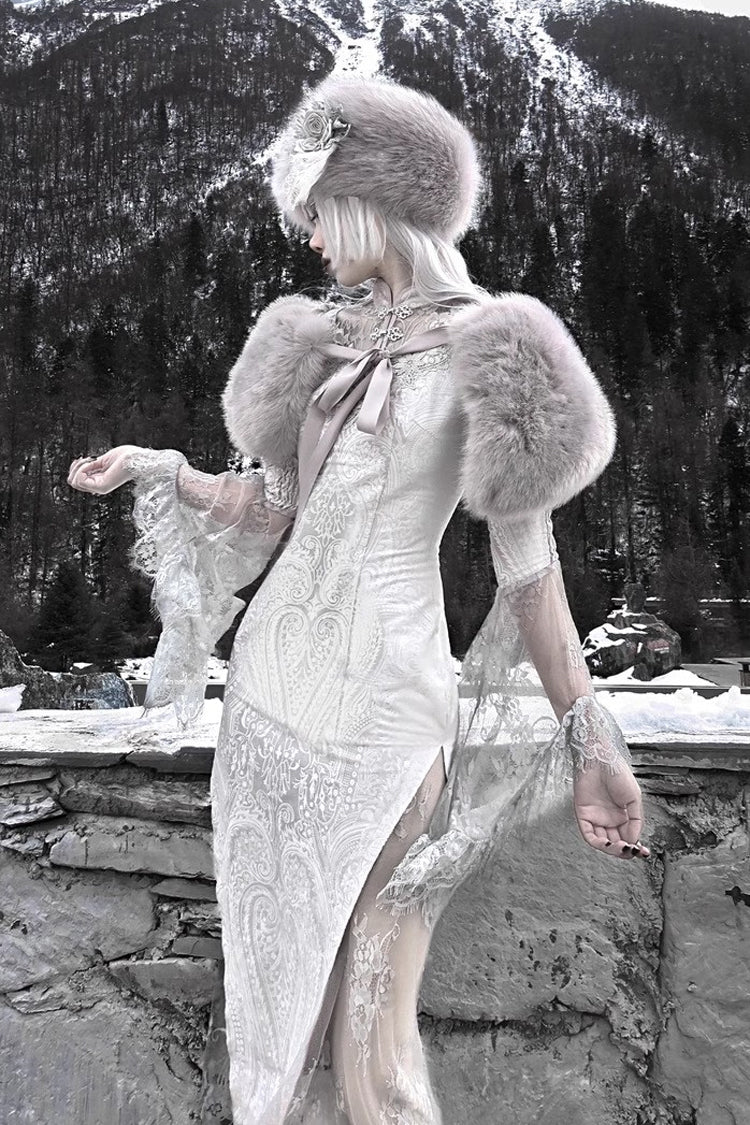 Silver V-Neck Long Sleeves High-Waisted Ruffle Lace Gothic Fishtail Dress