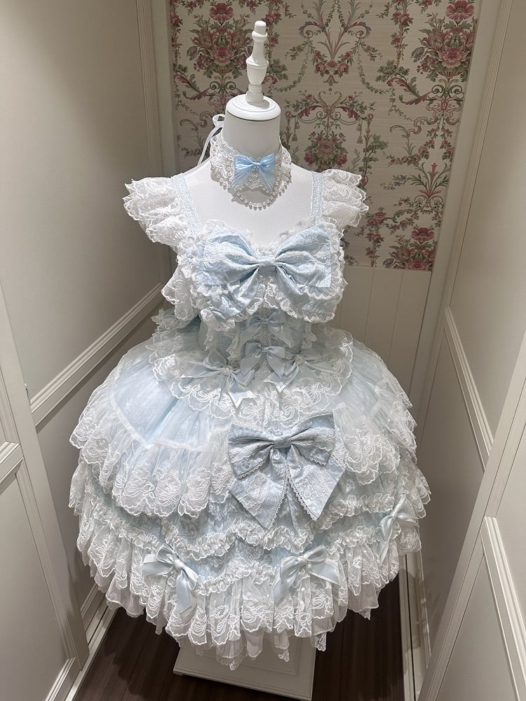 Decor With Dress Multi-Layer Lolita Hanayome-Style JSK Blue Trim Lace Bow