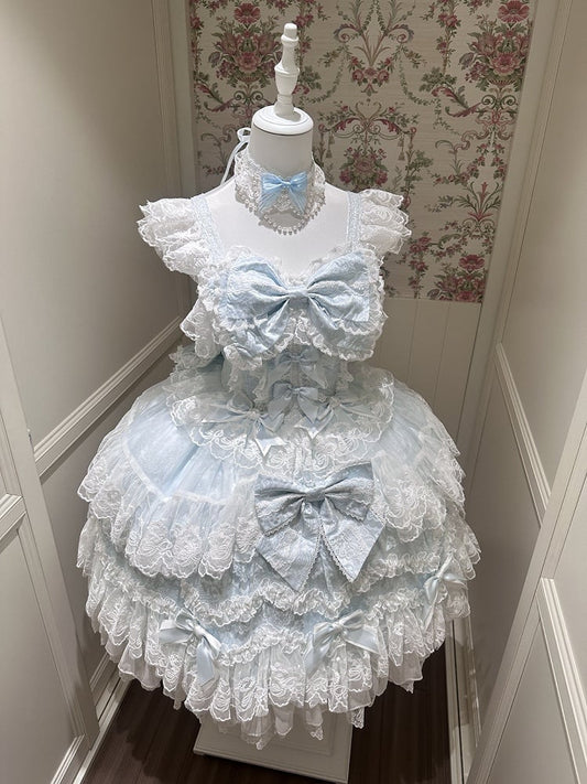 Decor With Dress Multi-Layer Lolita Hanayome-Style JSK Blue Trim Lace Bow