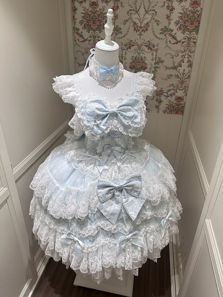Hanayome-Style Blue Lolita JSK Gown with Multi-Layer Lace Trim and Bow Accent - White Sugar Girl