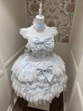 Hanayome-Style Blue Lolita JSK Gown with Multi-Layer Lace Trim and Bow Accent - White Sugar Girl