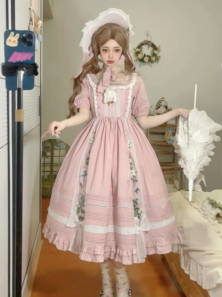Dress Embroidery Lolita Jasmine Square Neckline Pink Cotton