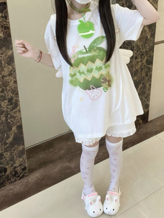 Green Apple Print White Round Neck Cotton T-Shirt Apple Choker Free with