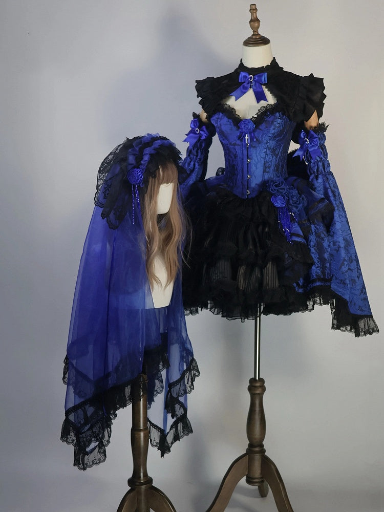 Klein Blue Black Gothic Corset Ensemble Skirt Collar Bell Sleeves - Somnium Isle