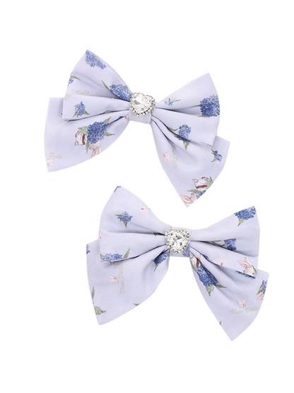 Purple Hydrangea Print Bow Hairclips Heart Rhinestone Light