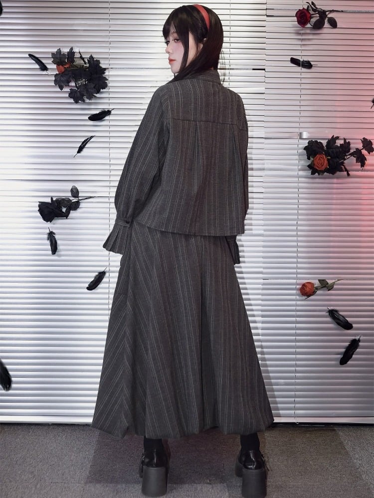 Vintage Design Skirt Chinese Midi Bud Pocket Stripe Hem Gray Large Gothic With