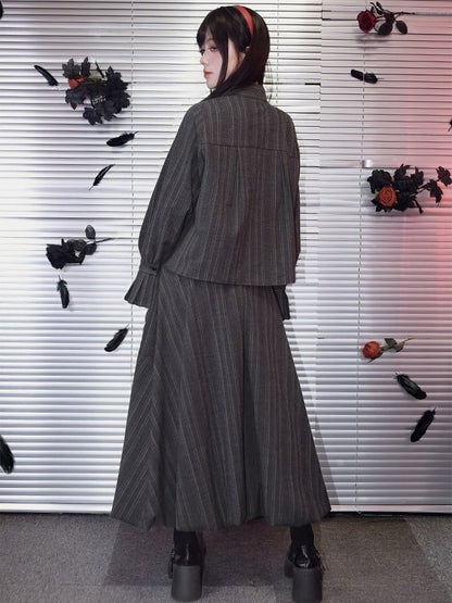 Vintage Design Skirt Chinese Midi Bud Pocket Stripe Hem Gray Large Gothic With