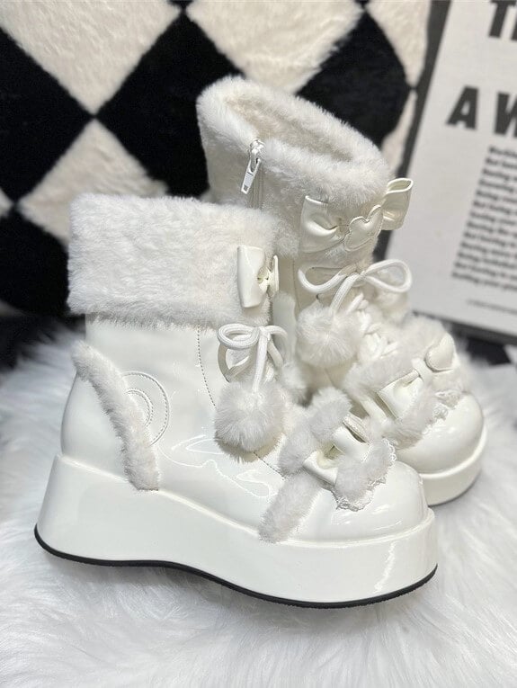 Lining Pom-Pom Boots PU with and Sweet Platform Fleece Details White Lolita