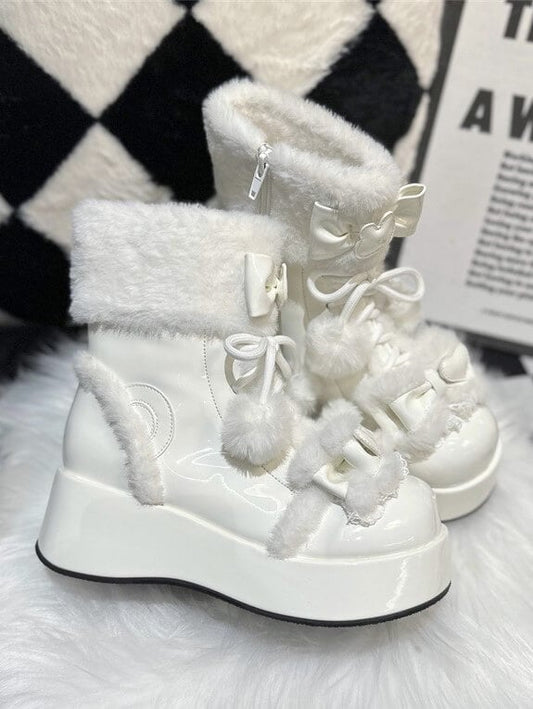 Lining Pom-Pom Boots PU with and Sweet Platform Fleece Details White Lolita