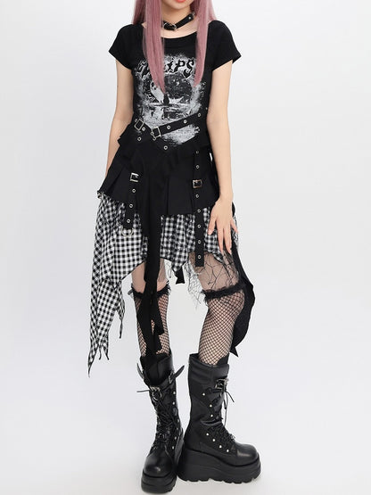 Y2K Blue/Black Criss-cross Design Cascading Ruffle Accents Moon T-shirt Print