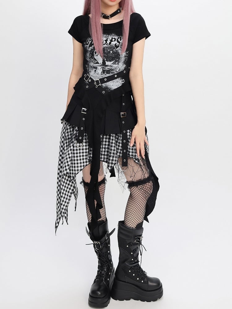 Taschentuch Saum Mesh Patchwork Y2K Schwarz Blau/ Weiß Karierter Rock Schwarz