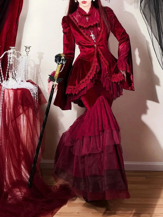 Embroidered Lace Blouse with Velvet V-Neck Coat and Layered Mermaid Skirt - DevilInspired Exclusive Collection