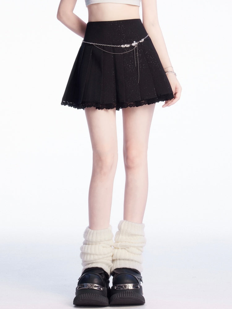 ブラックレーストリム スパンコールディテール プリーツスカート