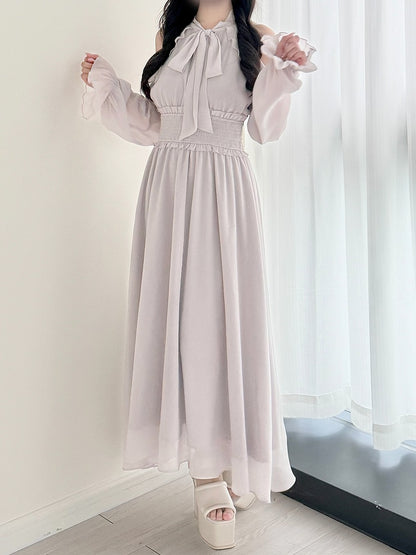 mit Kleid: Grauer heller Stil, Ausschnitt, Unschuld, gesmokt, Kei, Schulter, Taille, Pure Jirai