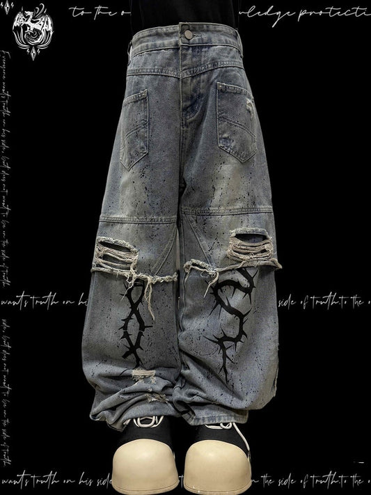 and Jeans with Holes Print Wasteland Blue Distressed Y2K Straight-Leg Graphic