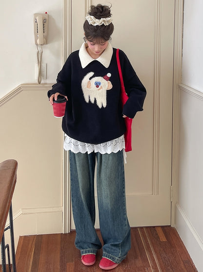 Cute Monkey Pattern Navy Blue Polo Collar Sweater