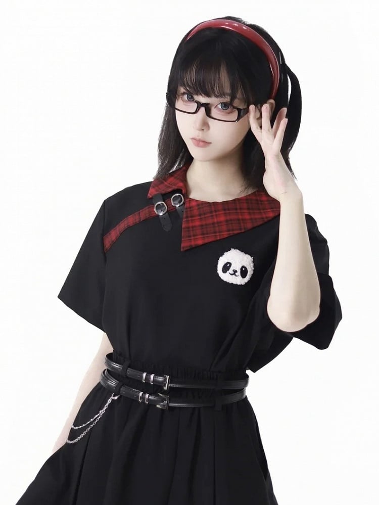 T-Shirt mit Panda-Trägern Plüschtier Rot karierter Kragen Schwarze Schnalle