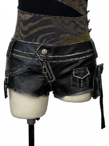 Vintage Punk Pouch PU Low-Rise with Shorts Multi-Zippers Detachable Black