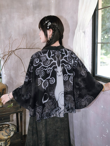 Chinese Gothic Black Chiffon Cardigan with Deer Print - Quirky Hut
