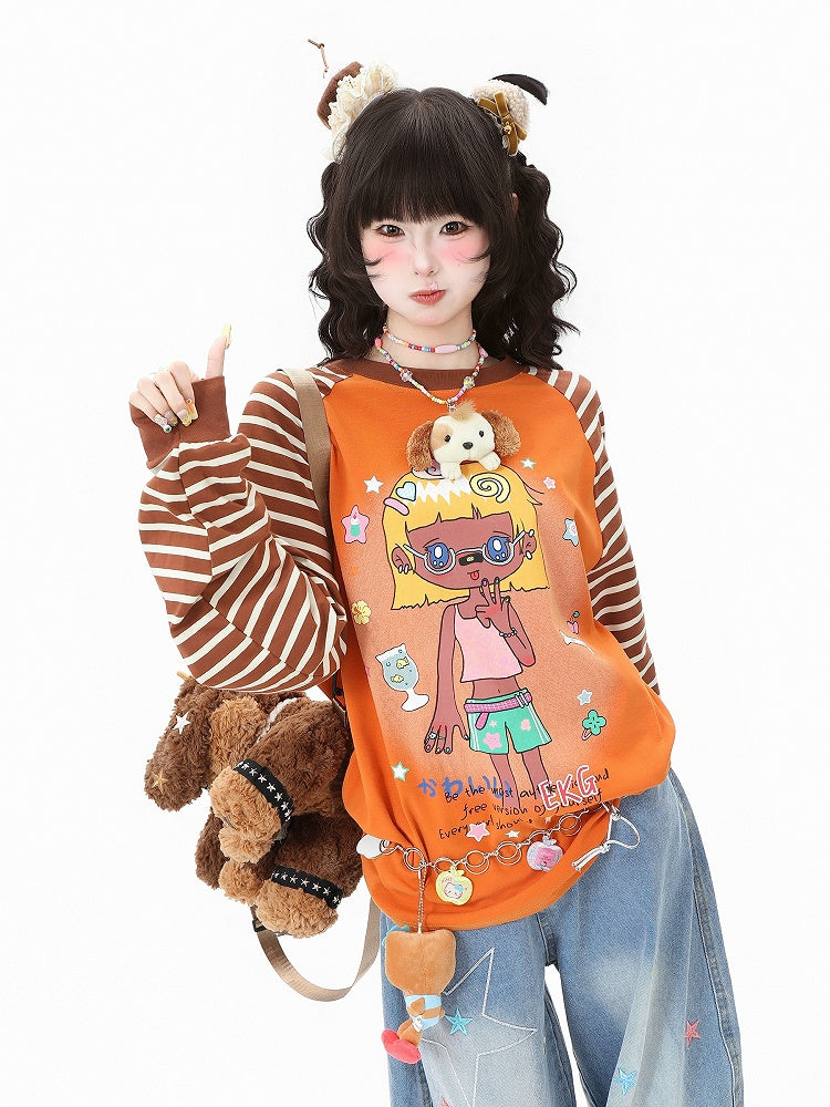 Cartoon Top Sleeve Striped Girl White/Orange