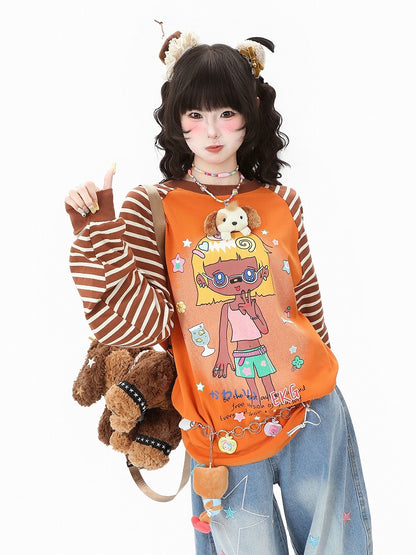 Cartoon Top Sleeve Striped Girl White/Orange