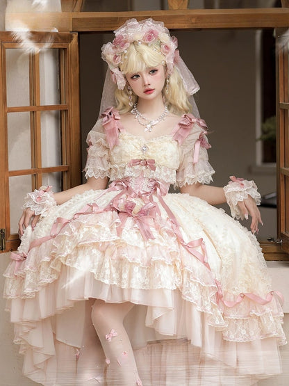 Pink Dress and Beige Piece Layered High-low Princess One Lolita Hanayome Hime