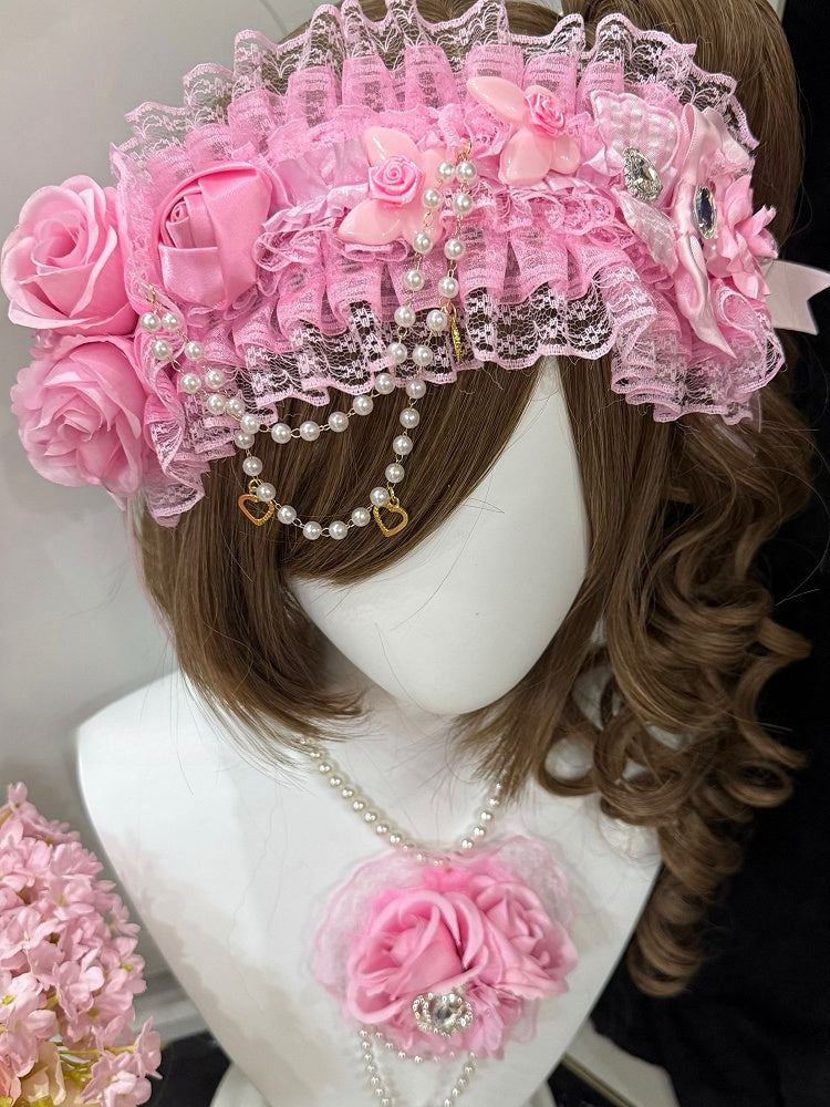 Krone Perlen rosa Blumen verziert Halskette Anhänger Strass