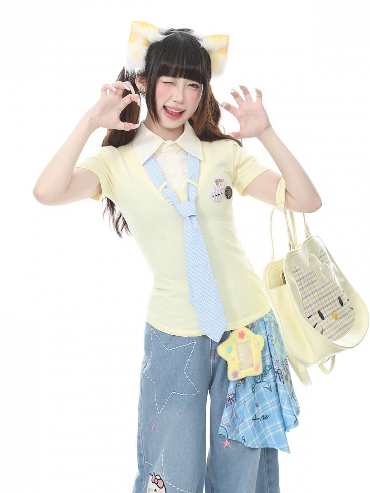 Preppy Fake Two-Piece Turn-Down Collar Short Sleeve Top in Apricot with Stripe Tie and Badges - Languid Park