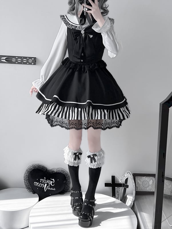 Schwarze Jirai Kei Sailor Collor Bluse mit hoher Taille und Spitzenbesatz, Overall-Kleid-Set