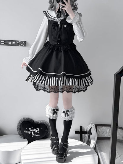 Schwarzes JiraiKei Zweiteiler-Set mit Matrosenbluse und hoher Taille, Spitzenbesatz, Overallkleid