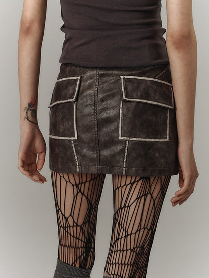 Zippers Flap Vintage Pockets Punk Coffee Skirt PU Asymmetrical Back with Mini