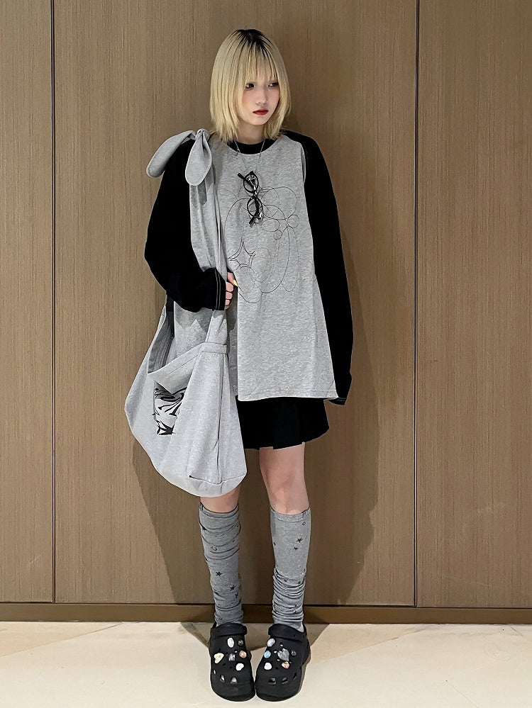 Gray Sleeve Black Neck Unisex Apple Print Long Daily Top Kawaii Round with